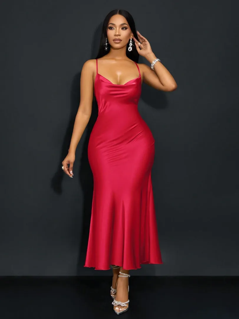 Suspensório, gola alta, gola com bolso, cintura baixa, costas abertas, rabo de peixe, vestido comprido verde matcha, vestido de festa sexy e elegante — cor vermelho