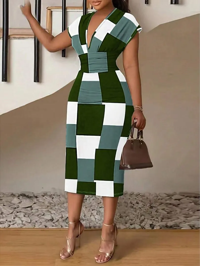 Vestido Feminino Longo com Estampa Xadrez e Manga Curta, Estilo Minimalista para Uso Diário