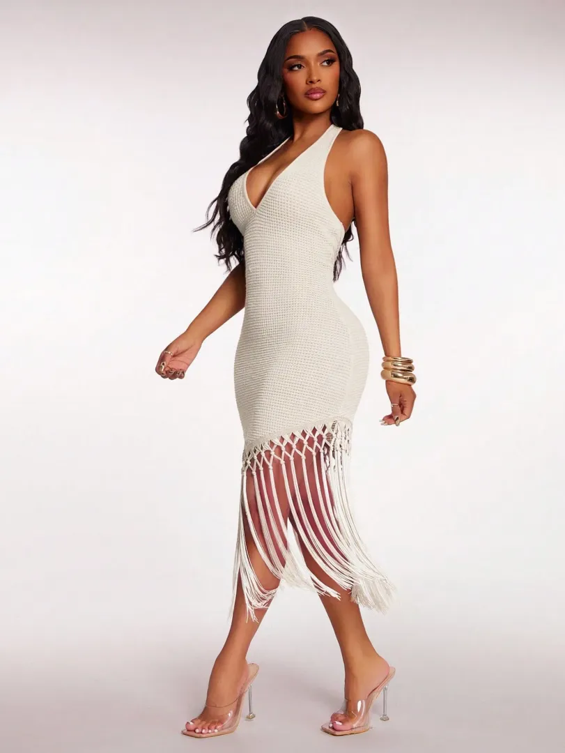 Vestido Feminino Boho de Verão em Tom Apricot com Crochê e Barrado com Franjas, Estilo Solto e Leve, Ideal para Praia e Férias — foto 6