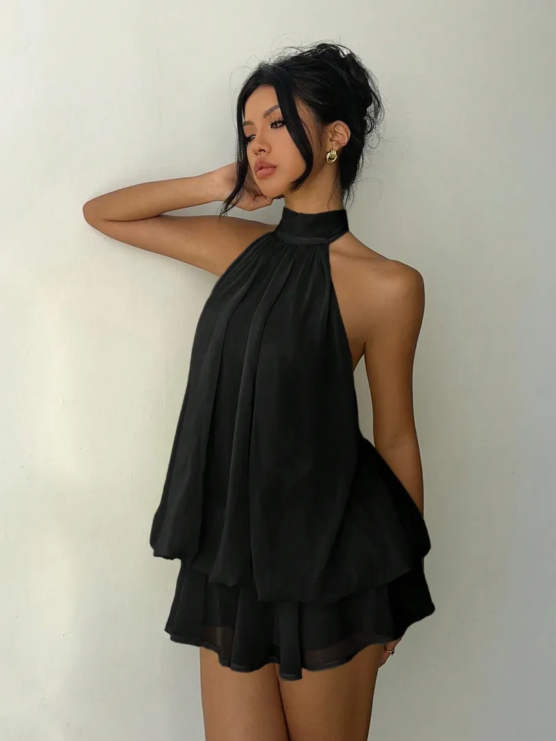 Vestido Feminino Curto Amarelo Claro com Decote Halterneck e Laço, Estilo Elegante para Festas e Ocasiões Especiais — cor preto