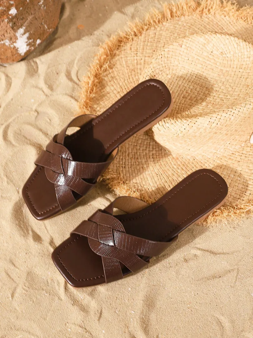 Sandálias Femininas Planas de Verão com Bico Quadrado, Estilo Casual e de Férias, Tiras Cruzadas com Estampa Animal e Cores Sólidas — foto 5