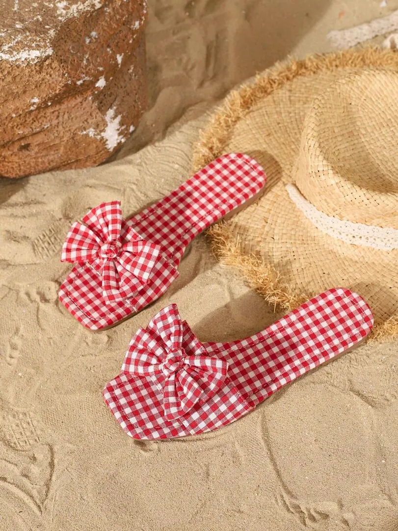 Sandálias Femininas Planas de Verão com Bico Quadrado, Estilo Casual e de Férias, Tiras Cruzadas com Estampa Animal e Cores Sólidas — cor vermelho branco