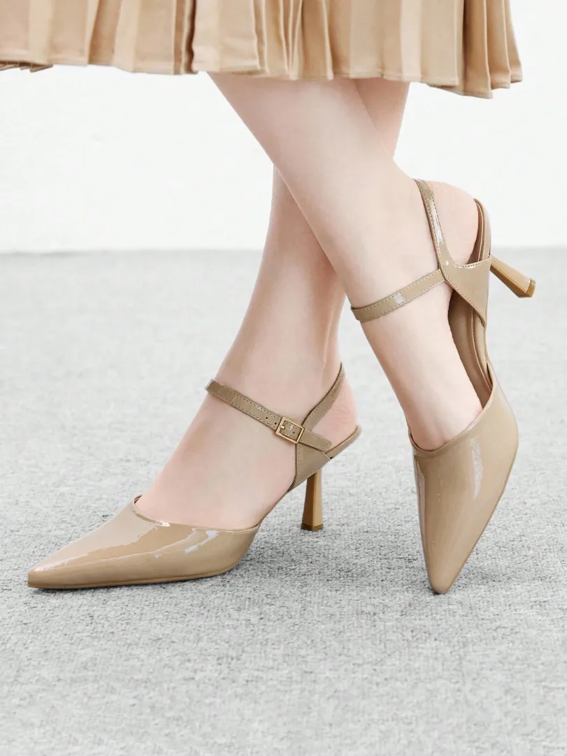 Sapatos de Salto Alto Femininos em Verniz Bege com Bico Fino, Estilo Clássico e Elegante para o Ambiente de Trabalho — foto 4