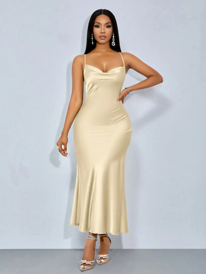 Suspensório, gola alta, gola com bolso, cintura baixa, costas abertas, rabo de peixe, vestido comprido verde matcha, vestido de festa sexy e elegante — cor damasco