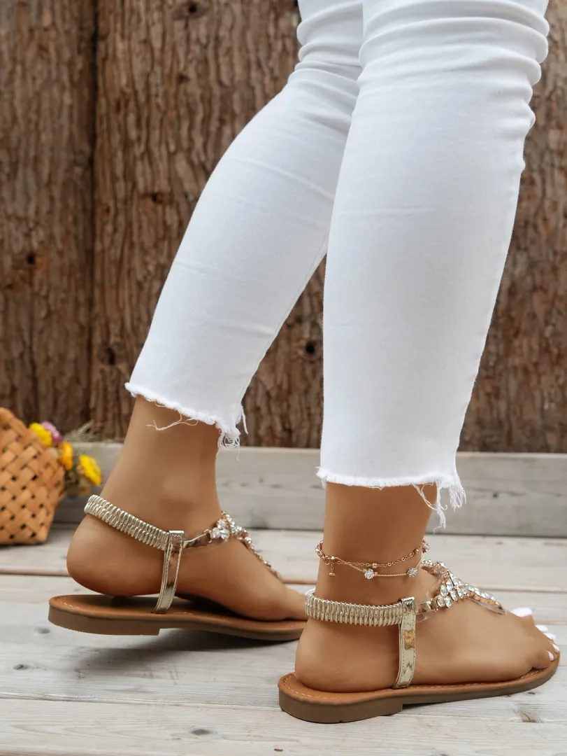 Sandálias Femininas Douradas Estilo Gladiador com Strass, Modelo Rasteiro e Design Boho, Ideais para Praia, Festas e Férias de Verão — foto 3