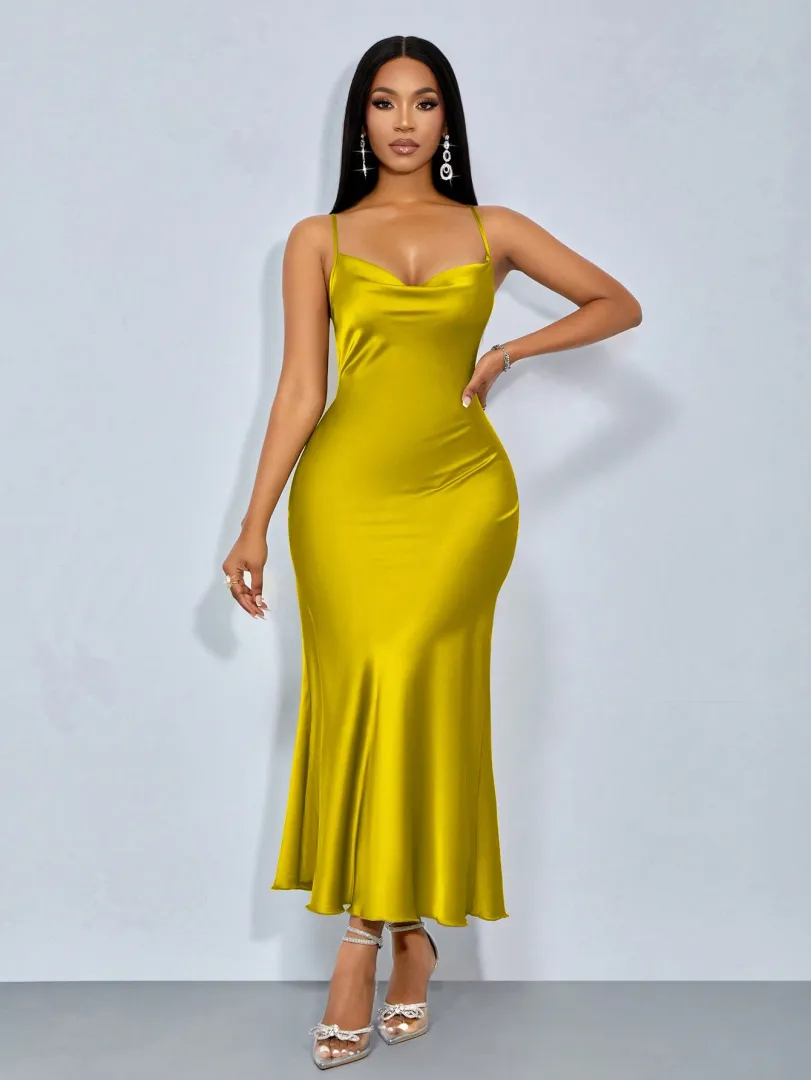 Suspensório, gola alta, gola com bolso, cintura baixa, costas abertas, rabo de peixe, vestido comprido verde matcha, vestido de festa sexy e elegante — cor amarelo