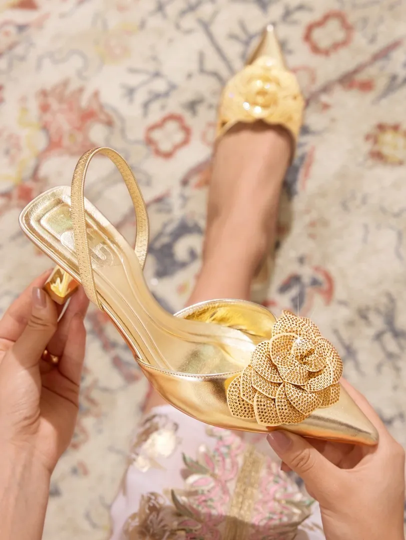 Sapatos Femininos de Salto Médio Estilo Stiletto com Bico Fino, Tiras Florais com Strass e Detalhes Vazados, Elegantes para Festas — foto 7