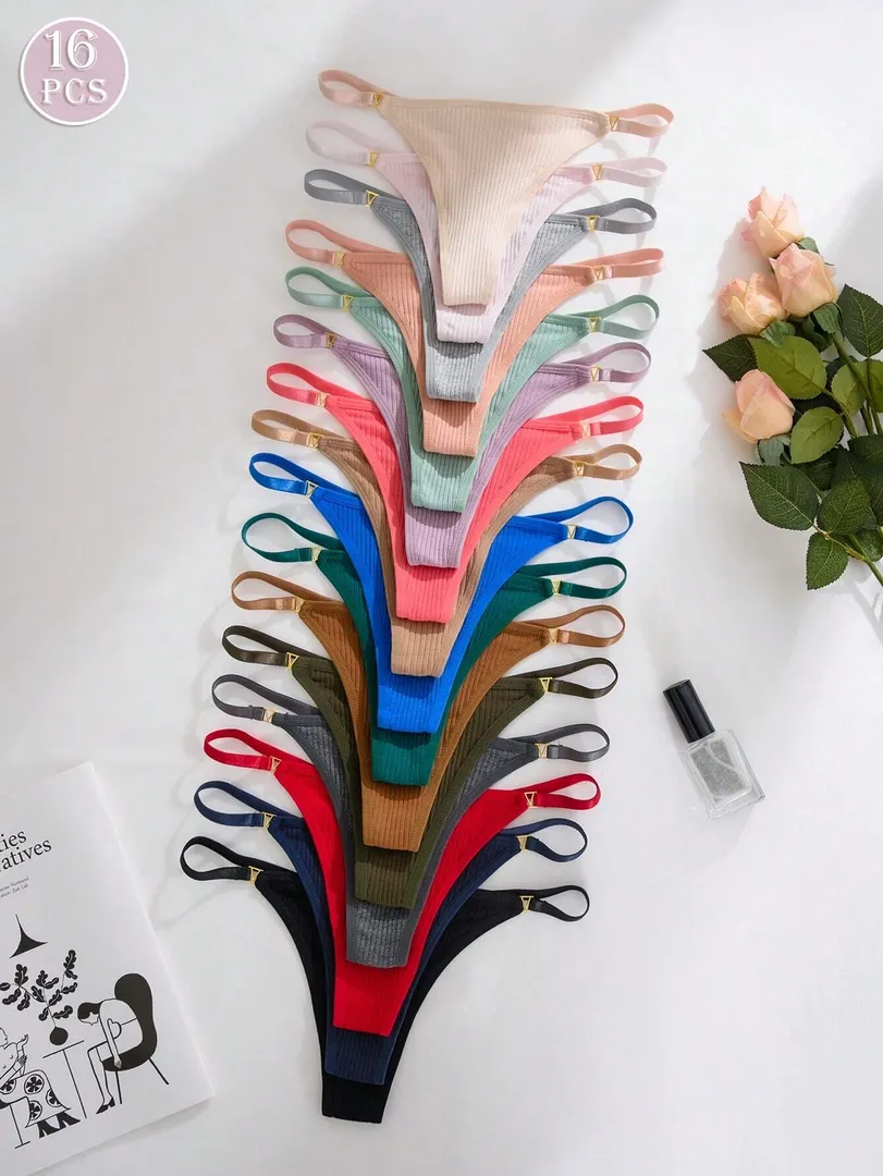 Conjunto com 16 Calcinhas Femininas Estilo Fio Dental com Botões Metálicos Decorativos e Tecido Texturizado, Design Sexy e Sofisticado