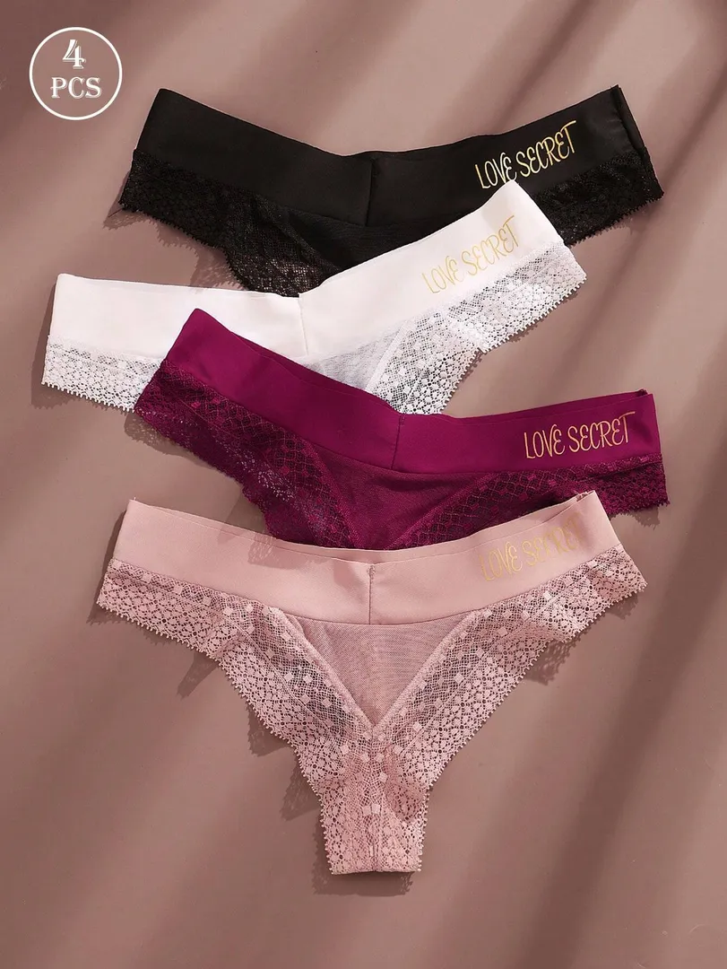 Conjunto com 4 Calcinhas Femininas Estilo Fio Dental em Seda Gelada com Renda e Estampa de Letras LOVE, Secagem Rápida e Design Sexy — foto 2