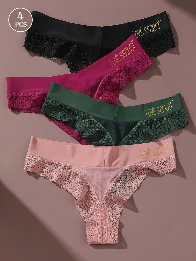 Conjunto com 4 Calcinhas Femininas Estilo Fio Dental em Seda Gelada com Renda e Estampa de Letras LOVE, Secagem Rápida e Design Sexy — cor multicolorido