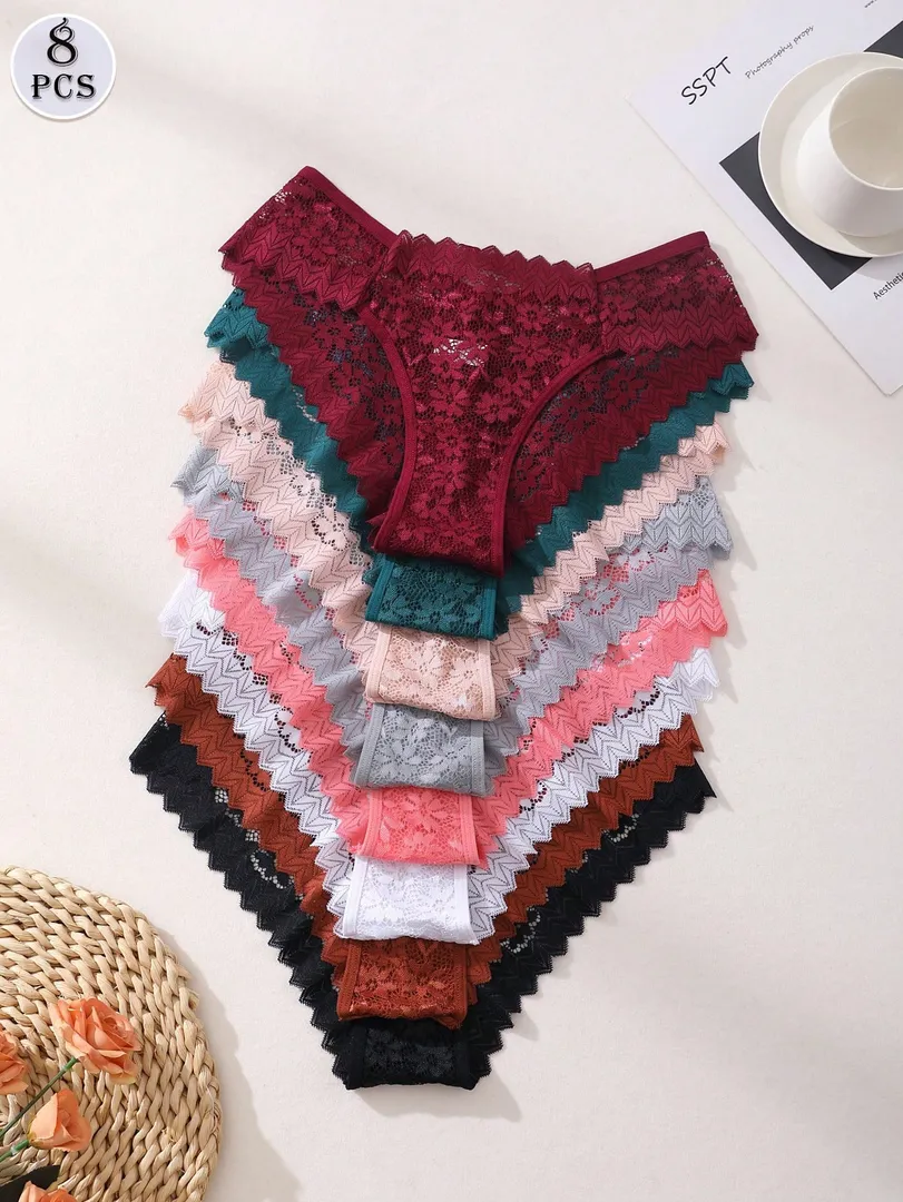 Conjunto com 8 Calcinhas Femininas Estilo Bikini em Renda com Recortes Vazados, Cintura Baixa e Design Sem Costura, Confortável e Respirável