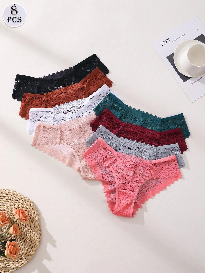 Conjunto com 8 Calcinhas Femininas Estilo Bikini em Renda com Recortes Vazados, Cintura Baixa e Design Sem Costura, Confortável e Respirável — foto 2