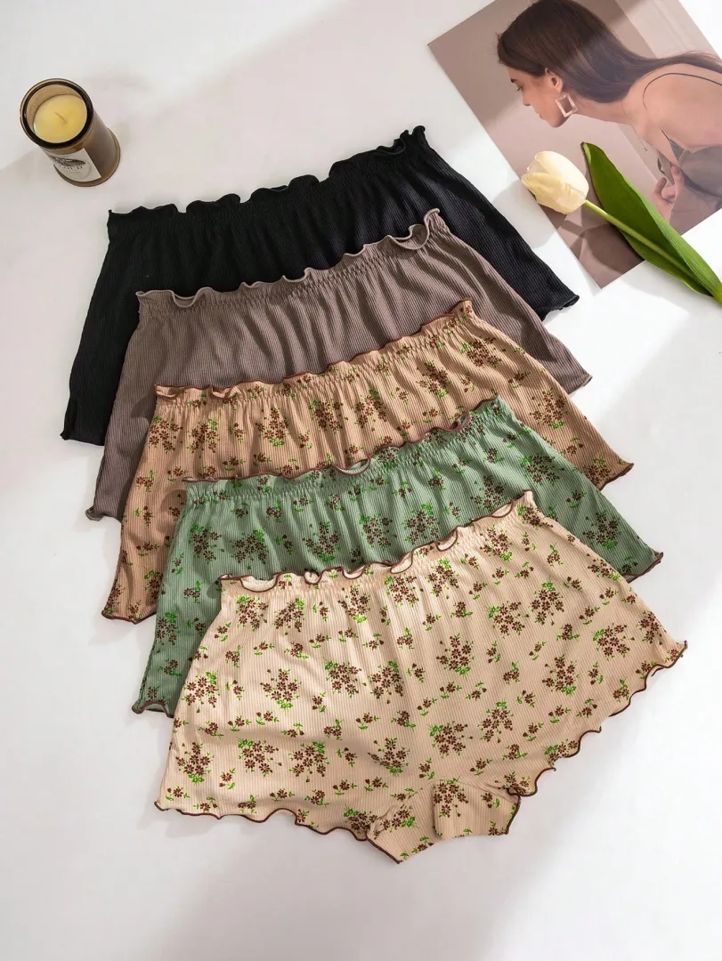Conjunto com 5 Calcinhas Femininas Estilo Boyshort com Estampa Floral e Detalhe de Babado, Confortáveis e Delicadas — foto 3