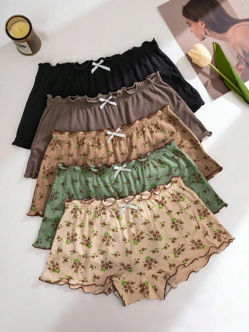 Conjunto com 5 Calcinhas Femininas Estilo Boyshort com Estampa Floral e Detalhe de Babado, Confortáveis e Delicadas — foto 2