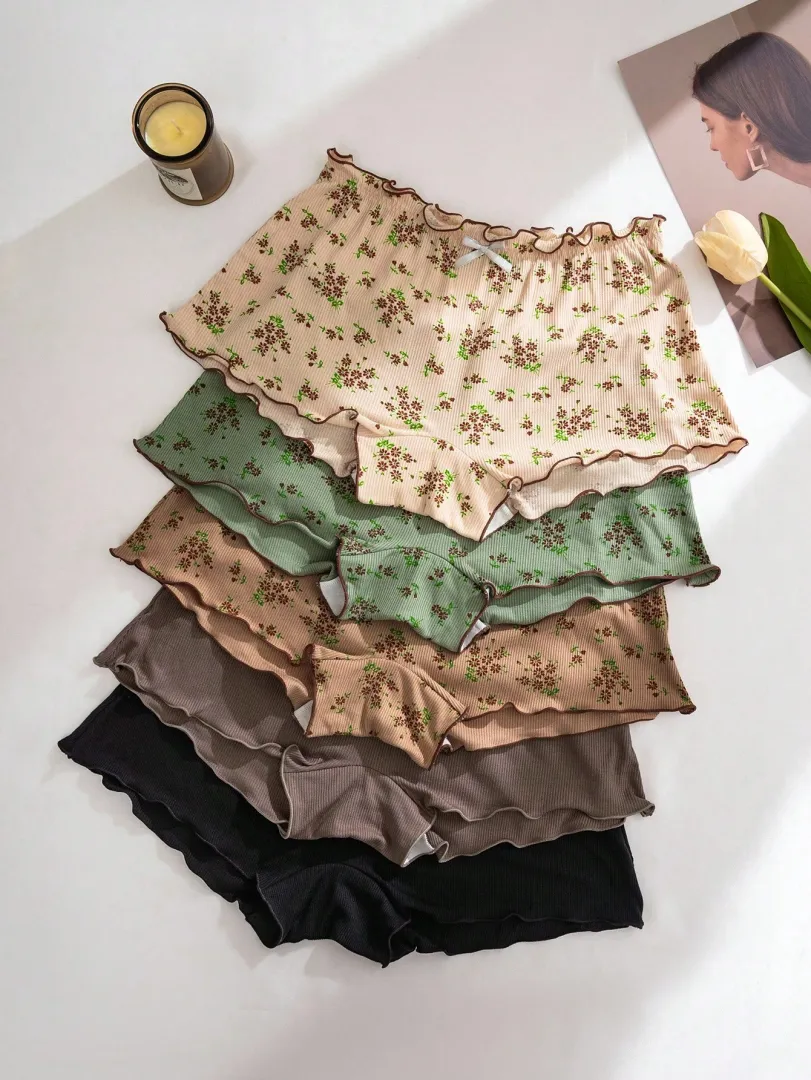Conjunto com 5 Calcinhas Femininas Estilo Boyshort com Estampa Floral e Detalhe de Babado, Confortáveis e Delicadas — foto 4