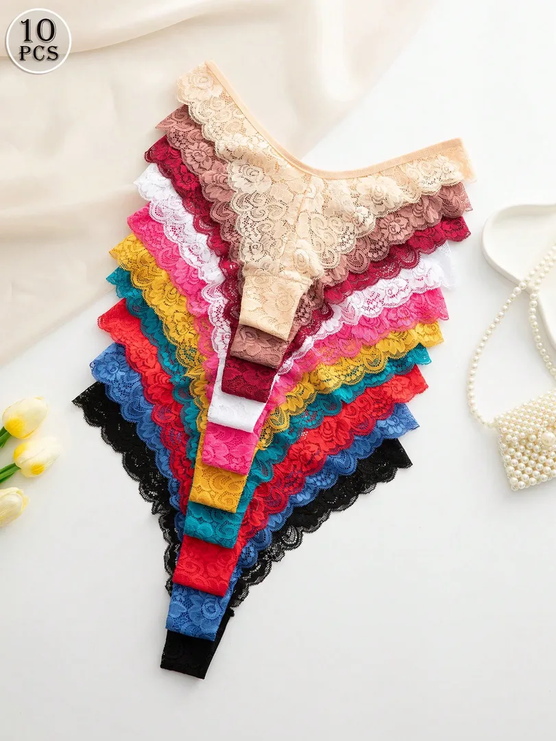 Conjunto com 10 Calcinhas Femininas Estilo Fio Dental em Renda, Elegantes, Confortáveis e Sexys