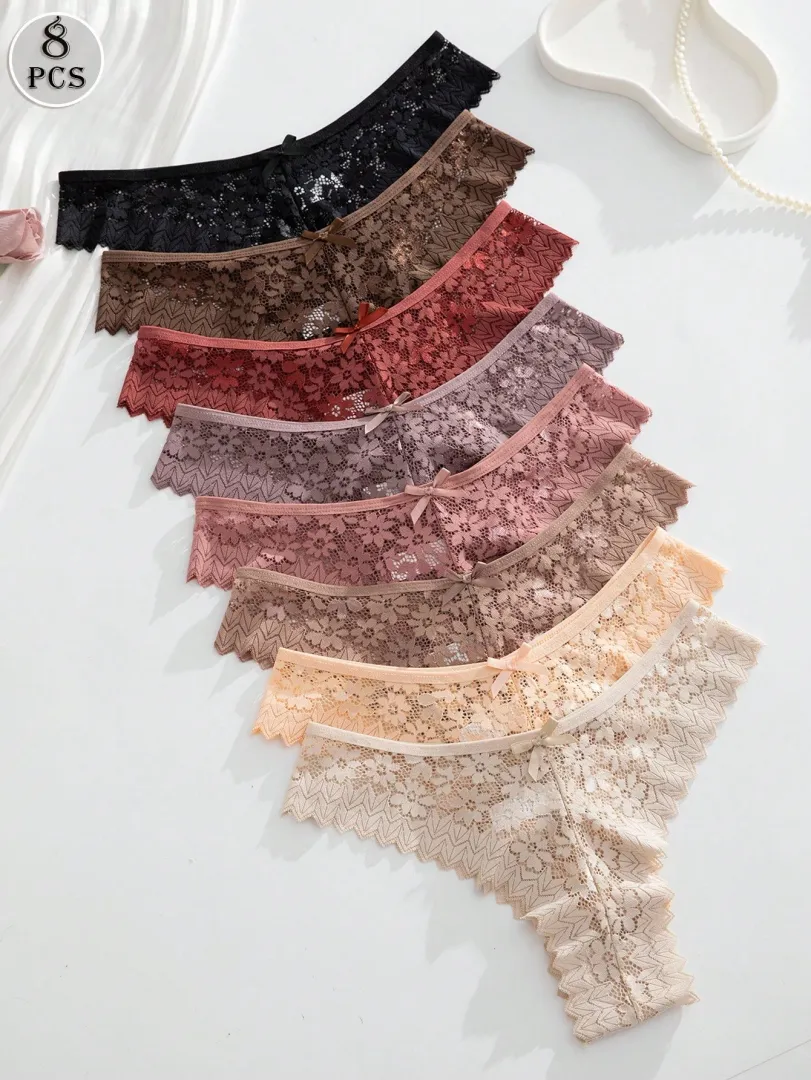 Conjunto com 8 Calcinhas Femininas Estilo Fio Dental em Renda, Multicoloridas e com Design Romântico e Sexy — foto 2