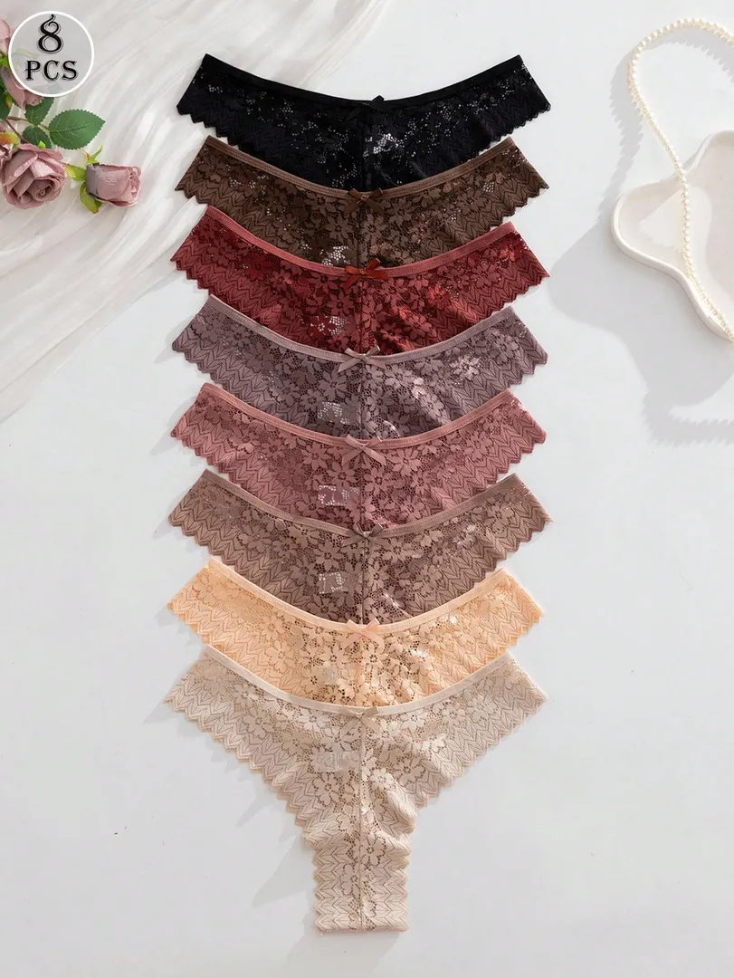 Conjunto com 8 Calcinhas Femininas Estilo Fio Dental em Renda, Multicoloridas e com Design Romântico e Sexy — foto 7