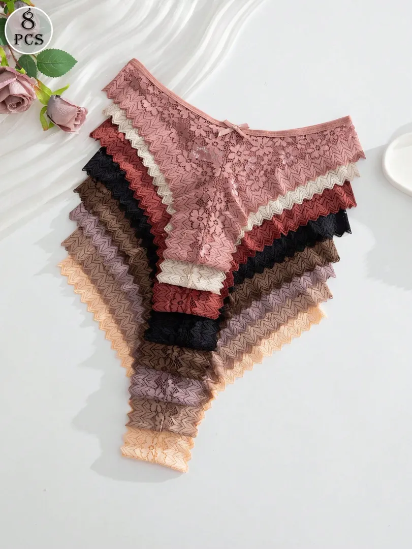 Conjunto com 8 Calcinhas Femininas Estilo Fio Dental em Renda, Multicoloridas e com Design Romântico e Sexy
