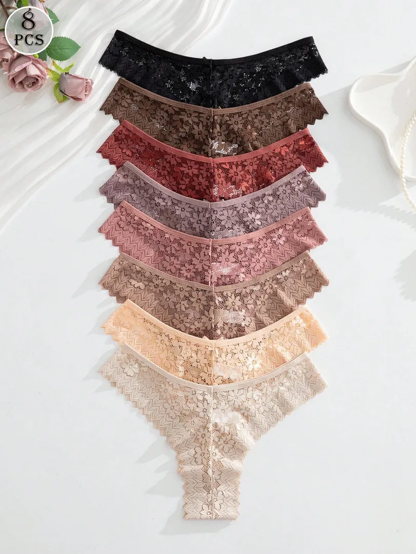 Conjunto com 8 Calcinhas Femininas Estilo Fio Dental em Renda, Multicoloridas e com Design Romântico e Sexy — foto 6