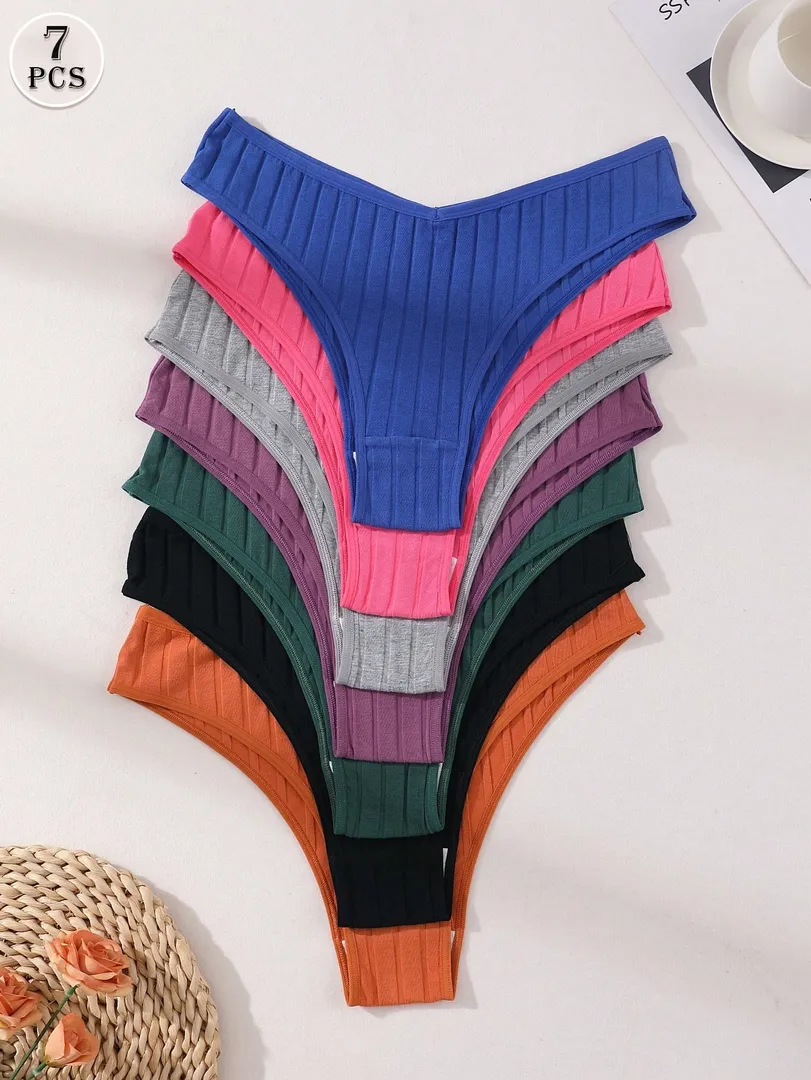 Conjunto com 7 Calcinhas Femininas Estilo Bikini de Cintura Baixa, Sem Costura, em Algodão Canelado Macio, Respiráveis e Confortáveis para o Dia a Dia e Esportes