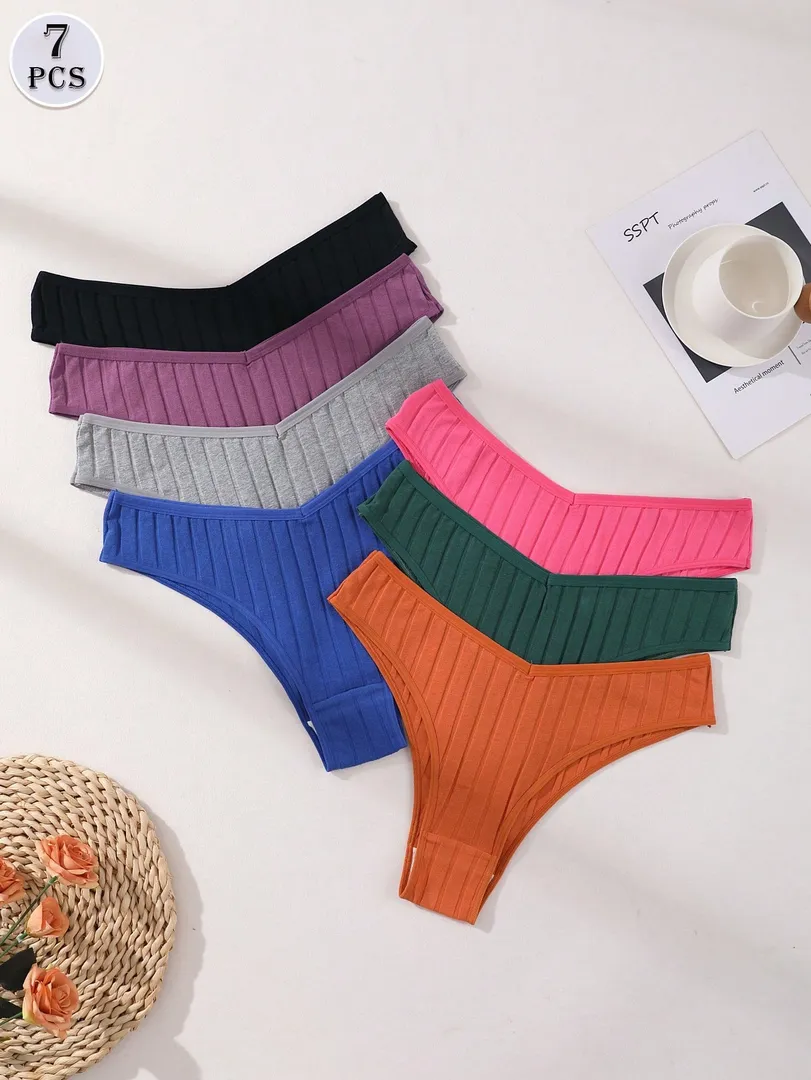 Conjunto com 7 Calcinhas Femininas Estilo Bikini de Cintura Baixa, Sem Costura, em Algodão Canelado Macio, Respiráveis e Confortáveis para o Dia a Dia e Esportes — foto 2