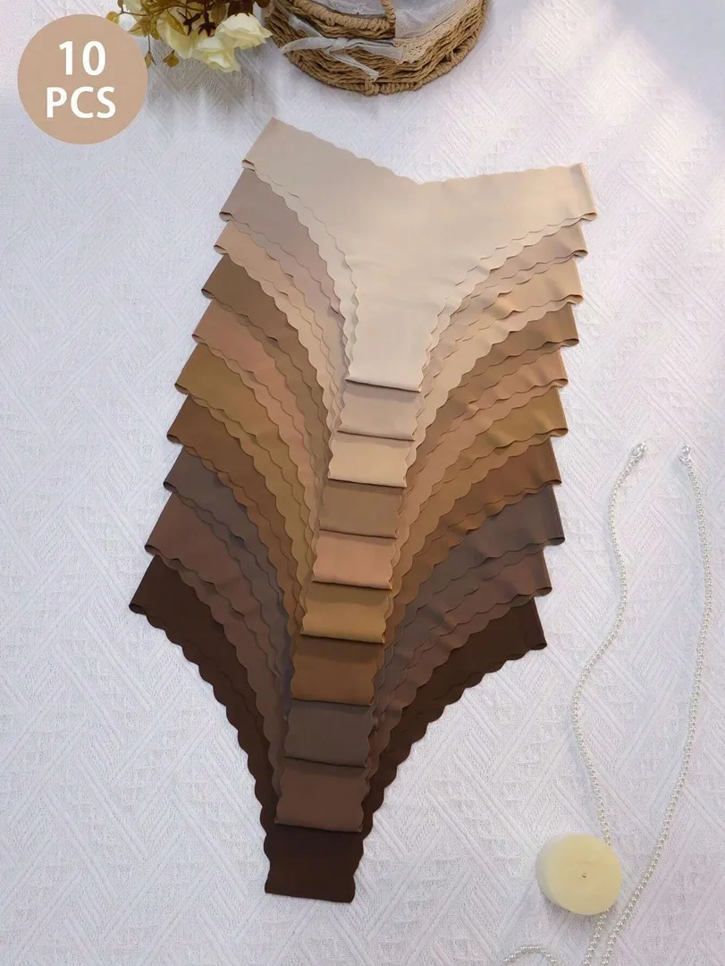 Conjunto com 10 Calcinhas Femininas Estilo Bikini com Estampa Floral e Borda Ondulada, Confortáveis e Sexys — cor marom