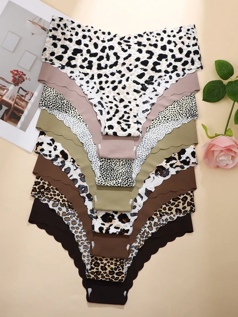 Conjunto com 8 Calcinhas Femininas Sem Costura em Cores Sólidas e Estampa de Leopardo, com Acabamento Ondulado, Leves, Respiráveis e Sexys — foto 2