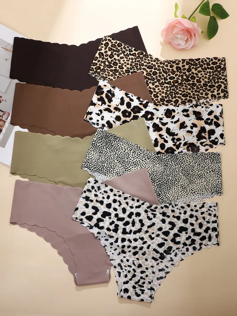 Conjunto com 8 Calcinhas Femininas Sem Costura em Cores Sólidas e Estampa de Leopardo, com Acabamento Ondulado, Leves, Respiráveis e Sexys — foto 10