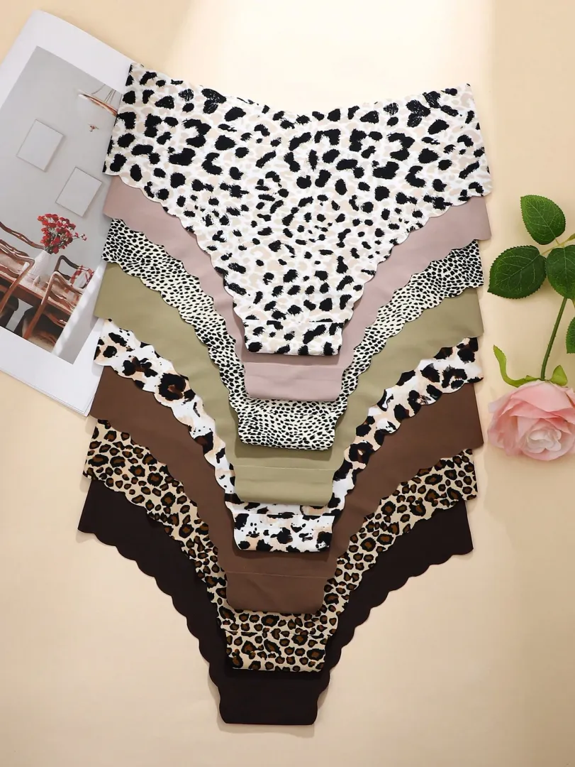 Conjunto com 8 Calcinhas Femininas Sem Costura em Cores Sólidas e Estampa de Leopardo, com Acabamento Ondulado, Leves, Respiráveis e Sexys — foto 11