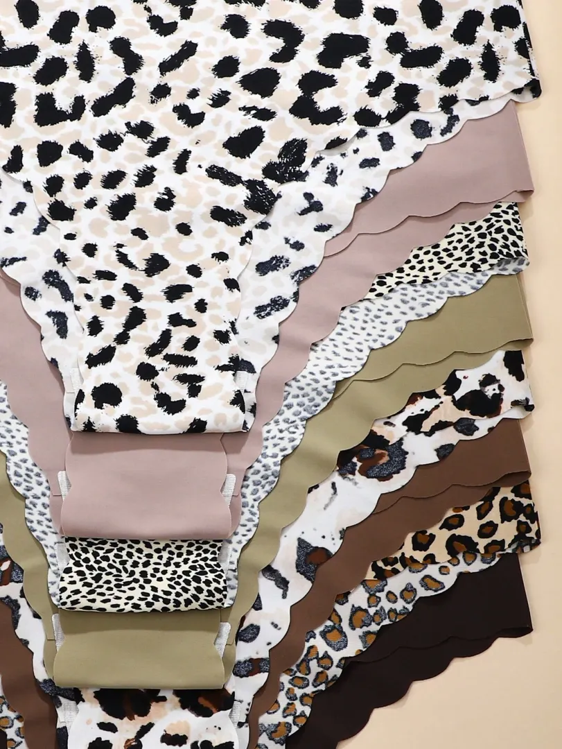 Conjunto com 8 Calcinhas Femininas Sem Costura em Cores Sólidas e Estampa de Leopardo, com Acabamento Ondulado, Leves, Respiráveis e Sexys — foto 3