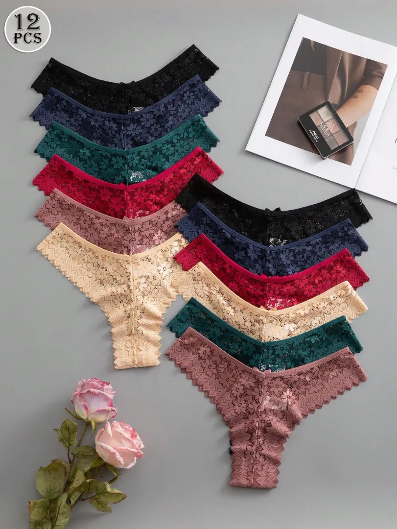 Calcinhas Femininas Estilo Fio Dental em Renda Multicolorida com Estampa de Plantas e Acabamento Contrastante, Estilo Fantasia e Elegante — foto 7