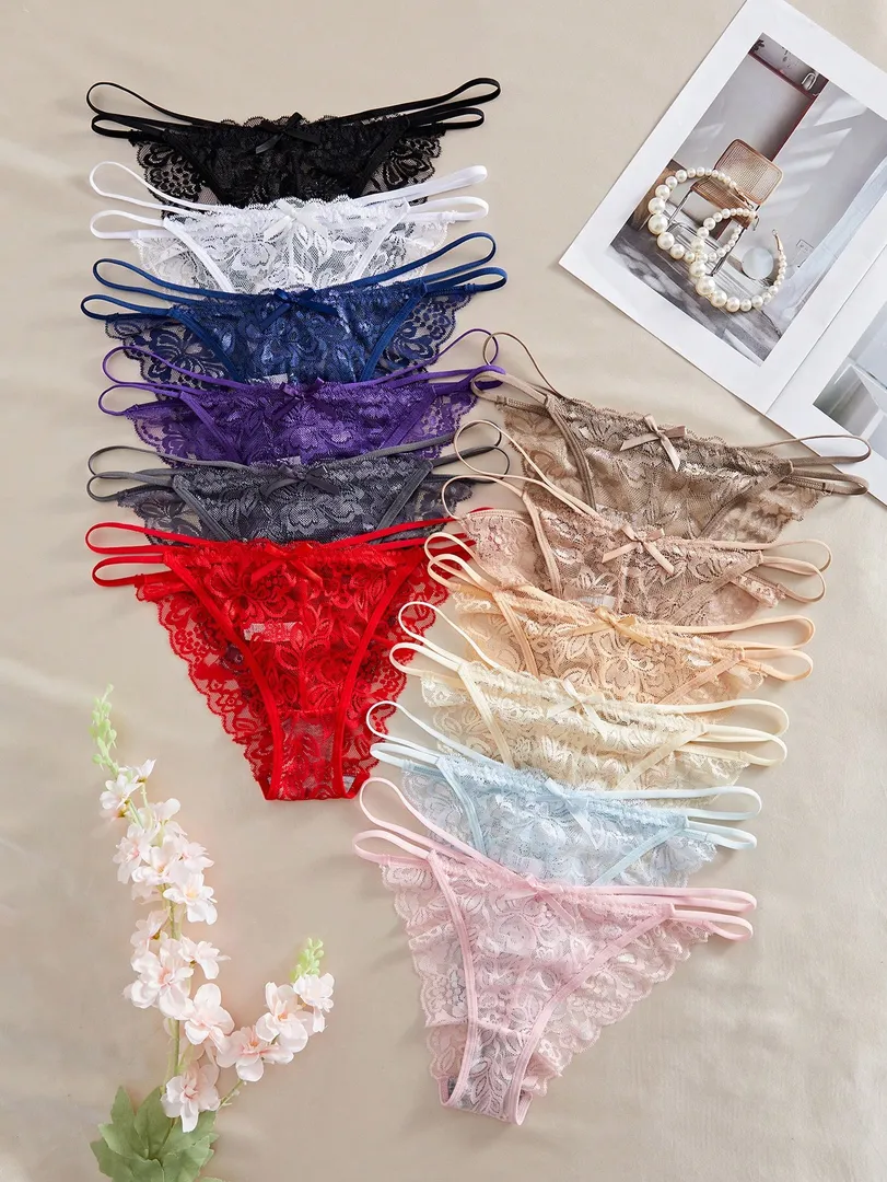Conjunto com 12 Calcinhas Femininas Estilo Bikini em Renda, Simples, Confortáveis e com Toque Romântico