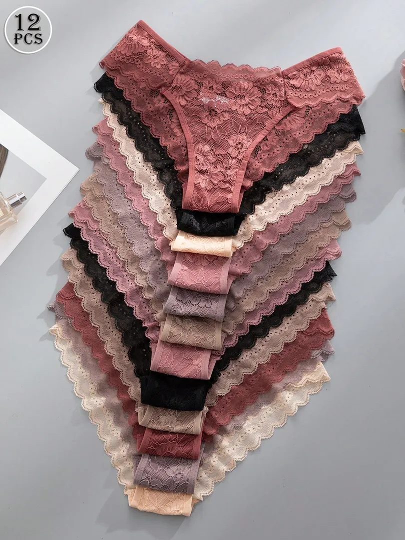 Conjunto com 12 Calcinhas Femininas Sem Costura com Detalhe em Renda, Confortáveis e Sexys