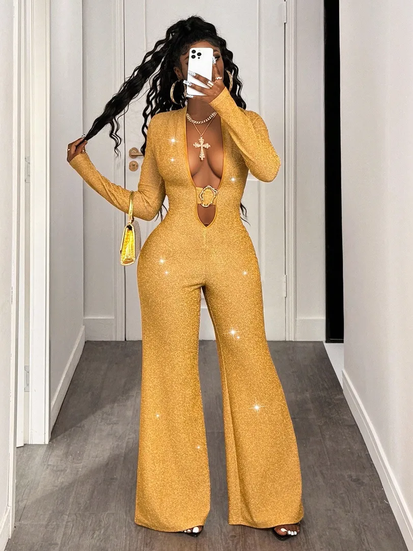 Macacão Feminino Estampado com Detalhes Dourados, Estilo Simples, Moderno e Sexy, Ideal para Outono e Inverno, Festas, Natal e Halloween — foto 8