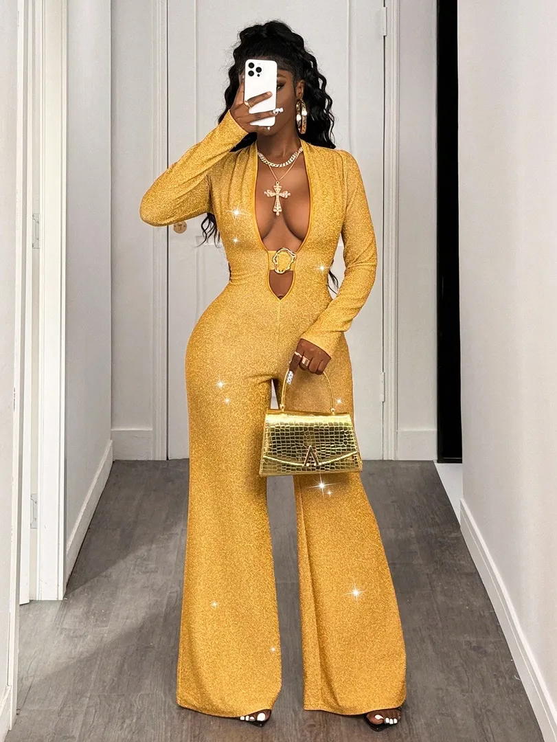 Macacão Feminino Estampado com Detalhes Dourados, Estilo Simples, Moderno e Sexy, Ideal para Outono e Inverno, Festas, Natal e Halloween — foto 5