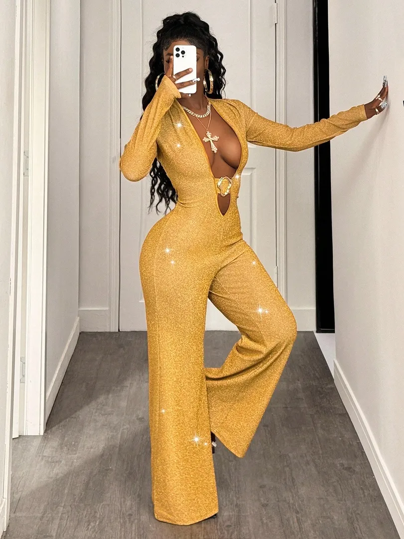 Macacão Feminino Estampado com Detalhes Dourados, Estilo Simples, Moderno e Sexy, Ideal para Outono e Inverno, Festas, Natal e Halloween — foto 4