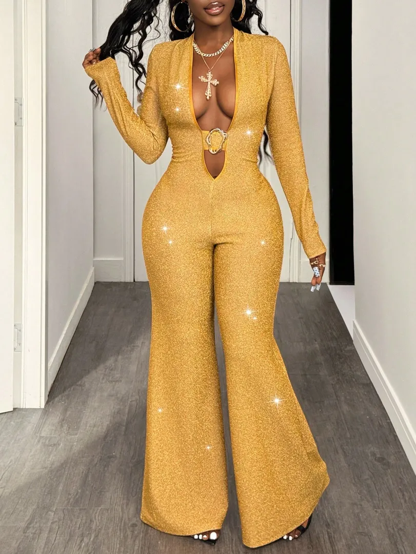 Macacão Feminino Estampado com Detalhes Dourados, Estilo Simples, Moderno e Sexy, Ideal para Outono e Inverno, Festas, Natal e Halloween — foto 7