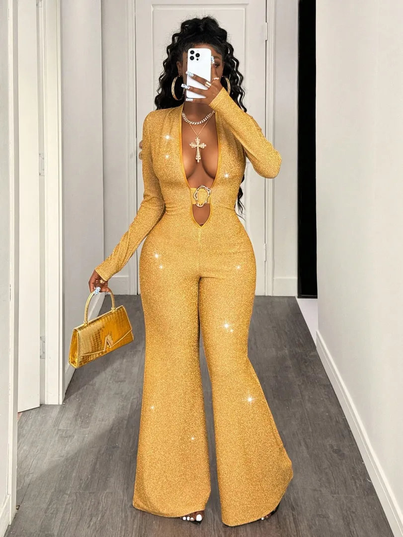 Macacão Feminino Estampado com Detalhes Dourados, Estilo Simples, Moderno e Sexy, Ideal para Outono e Inverno, Festas, Natal e Halloween — foto 6