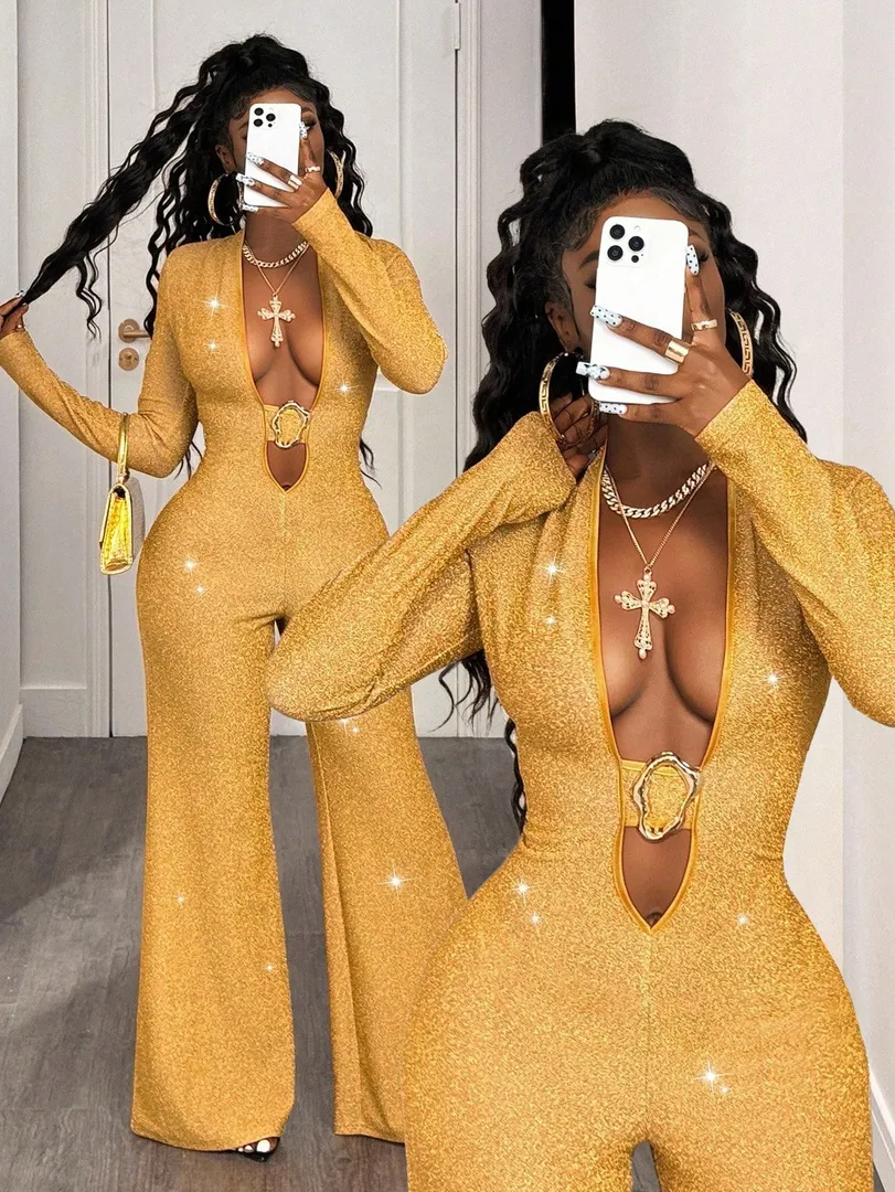 Macacão Feminino Estampado com Detalhes Dourados, Estilo Simples, Moderno e Sexy, Ideal para Outono e Inverno, Festas, Natal e Halloween