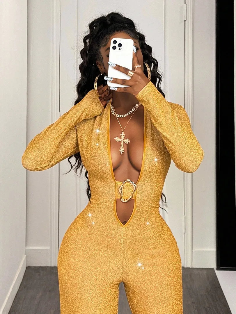 Macacão Feminino Estampado com Detalhes Dourados, Estilo Simples, Moderno e Sexy, Ideal para Outono e Inverno, Festas, Natal e Halloween — foto 3