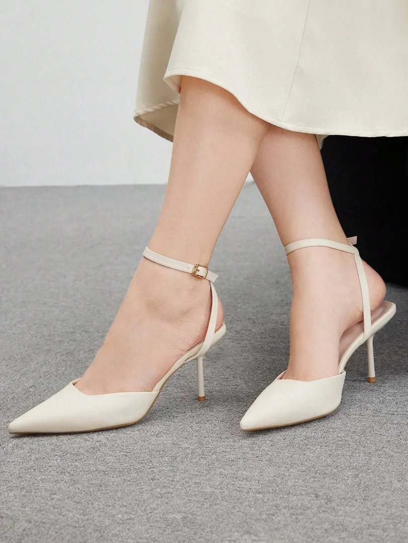 Sapatos Femininos Brancos de Salto Alto com Bico Fino e Tiras Cruzadas, Estilo Elegante para Escritório, Festas, Casamentos e Férias de Primavera — cor bege