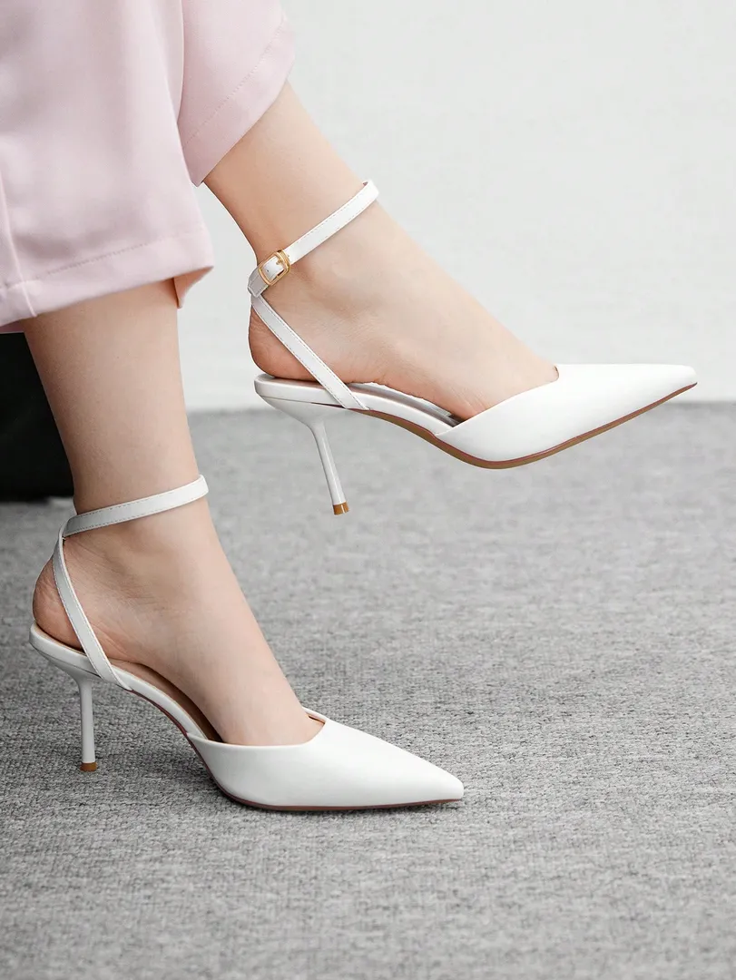 Sapatos Femininos Brancos de Salto Alto com Bico Fino e Tiras Cruzadas, Estilo Elegante para Escritório, Festas, Casamentos e Férias de Primavera — cor branco