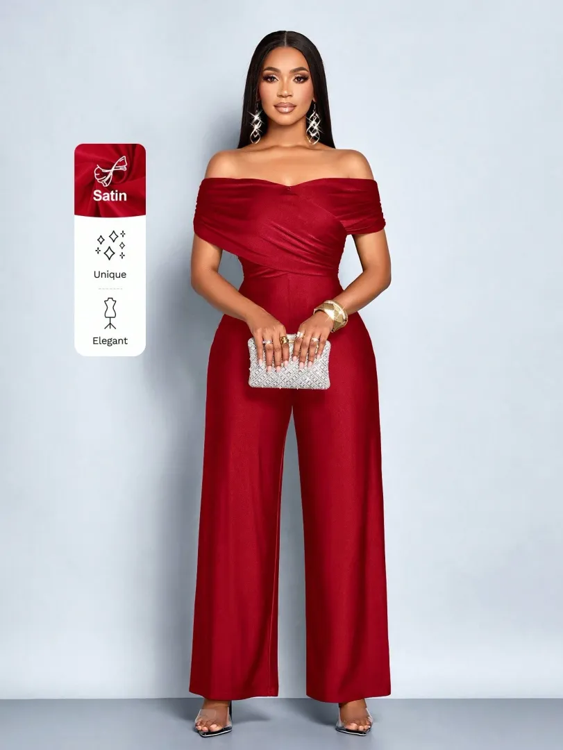 Macacão Feminino Elegante em Cor Sólida com Ombros de Fora, Detalhe Cruzado e Franzido — foto 3