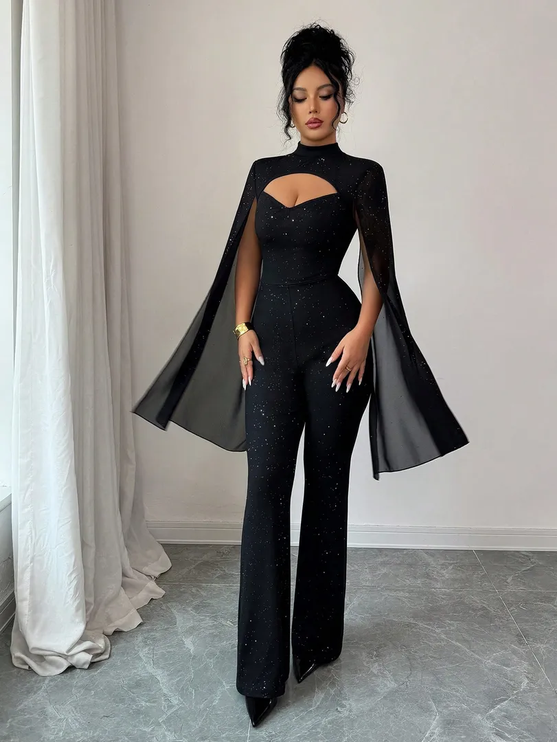 Macacão Feminino Preto com Mangas em Capa e Brilho, Estilo Elegante e Moderno para Festas e Eventos Especiais — foto 3