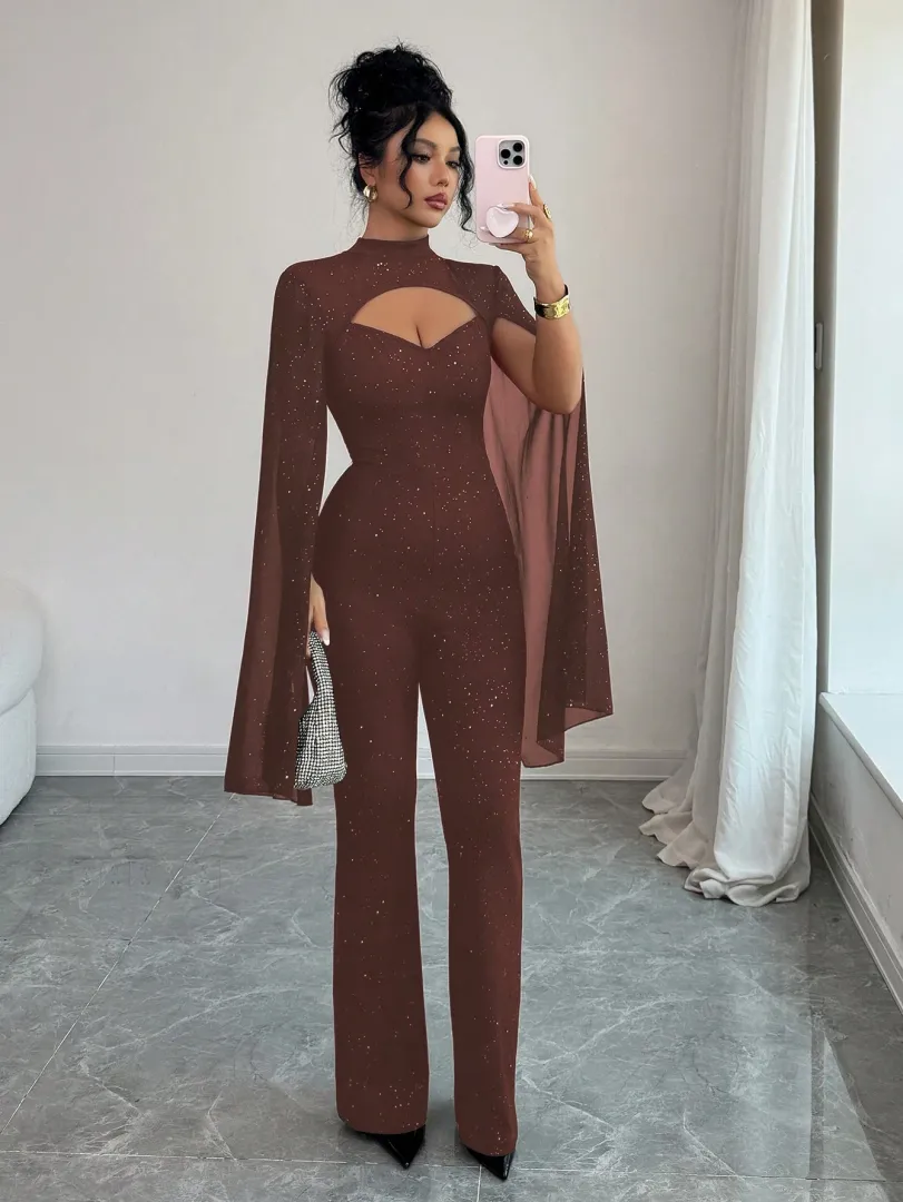 Macacão Feminino Preto com Mangas em Capa e Brilho, Estilo Elegante e Moderno para Festas e Eventos Especiais — cor marom