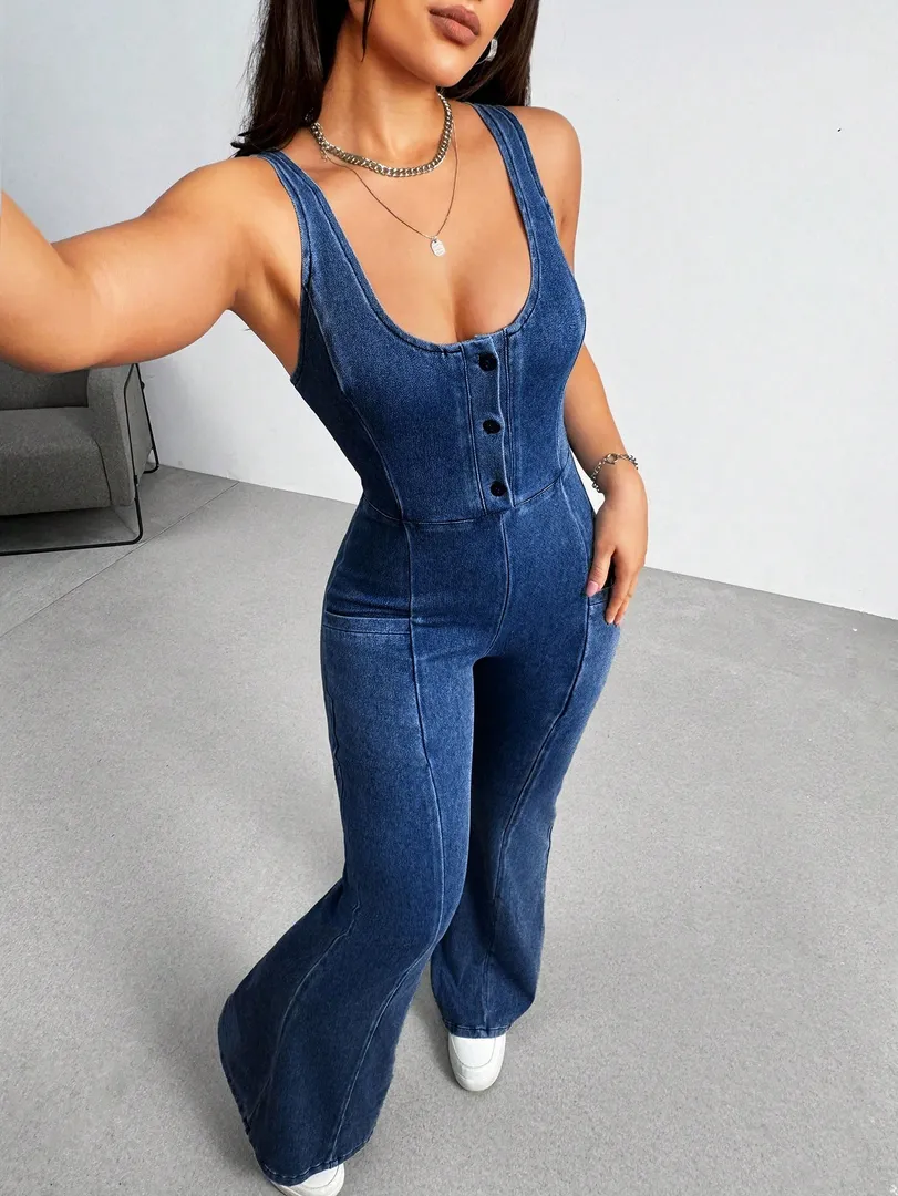 Macacão Jeans Feminino Estilo Casual com Lavagem Suave e Boca Larga, Modelagem para Mulheres Altas — foto 4