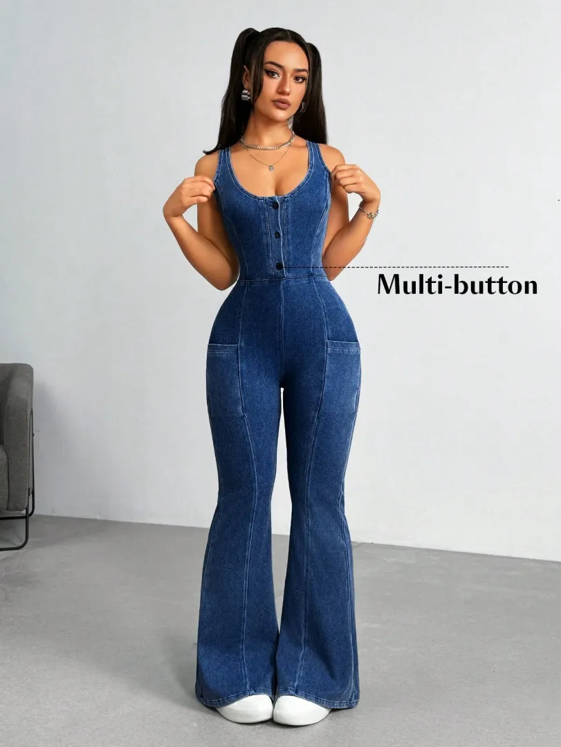 Macacão Jeans Feminino Estilo Casual com Lavagem Suave e Boca Larga, Modelagem para Mulheres Altas — foto 3