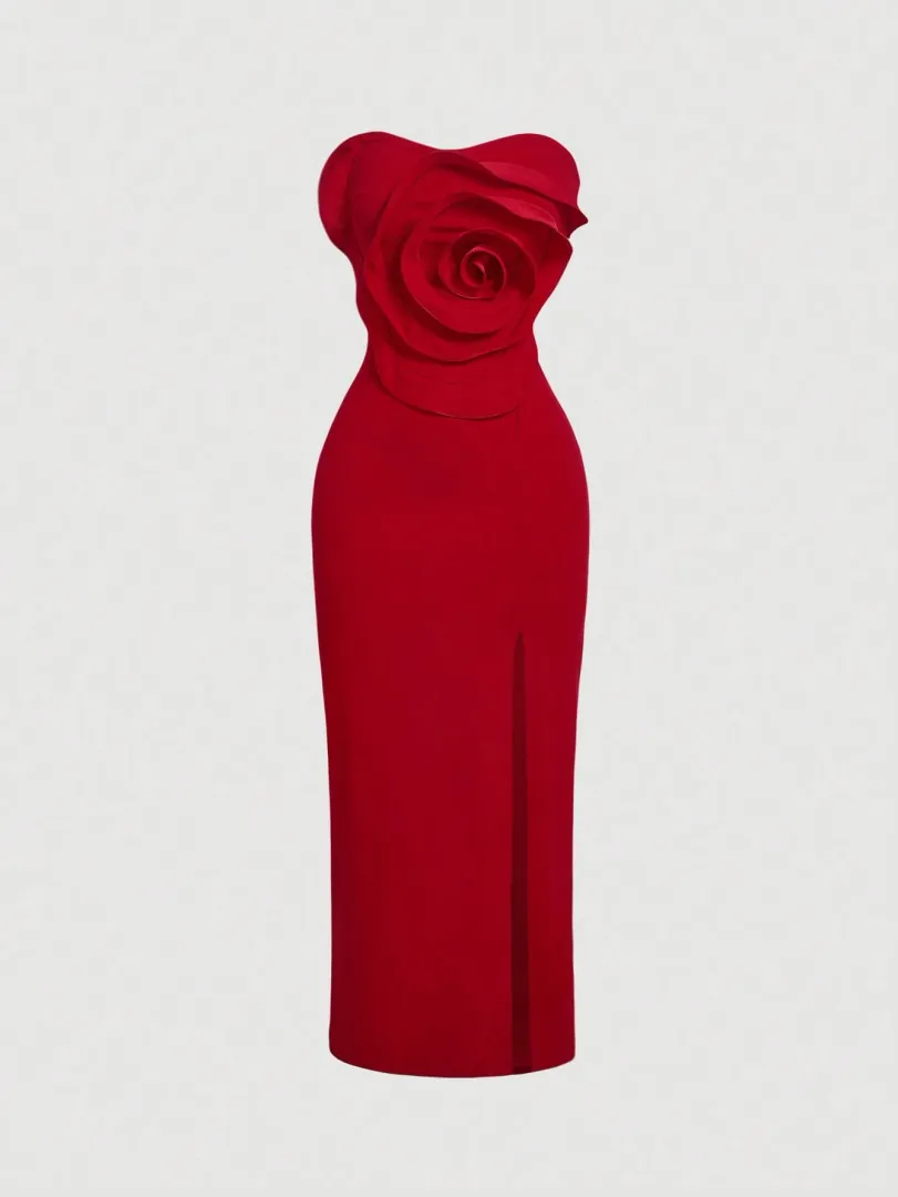 Vestido Feminino Vermelho Tomara que Caia com Estampa Floral e Babados, Curto e Justo para Festas e Ano Novo