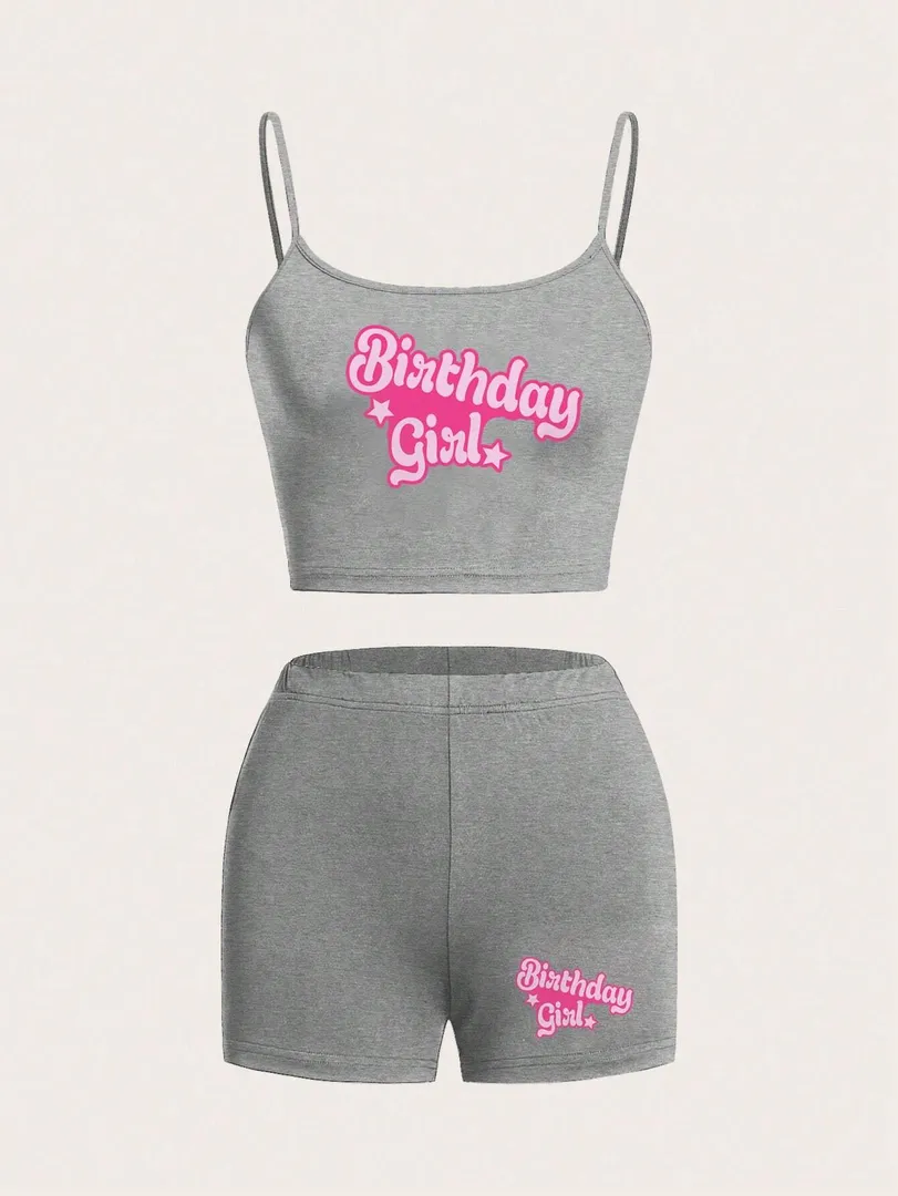 Conjunto Feminino de Verão com Top Cami e Shorts com Estampa “Birthday Girl”, Estilo Sexy e Moderno para Festas e Saídas - foto 2